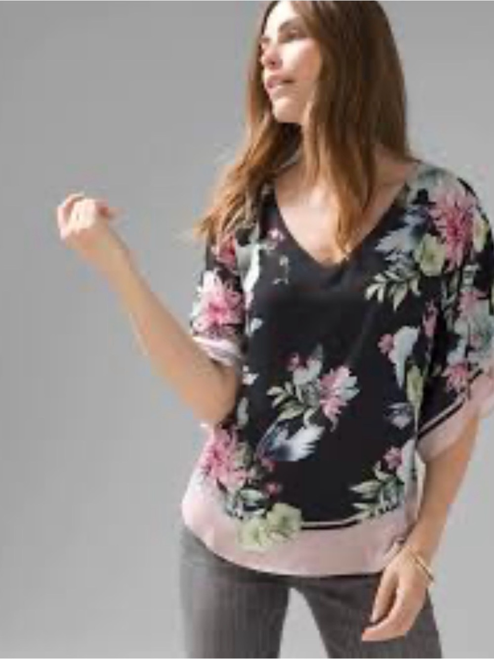 White House Black Market Black Floral V-Neck Blouse with Pink Trim
